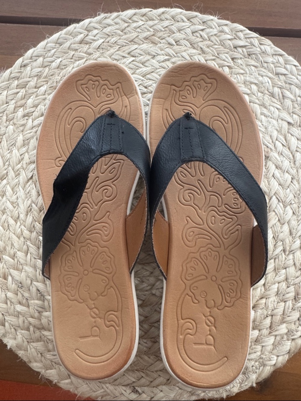 Women's Black Thong Sandals with Tan Footbed - Comfortable Everyday Wear